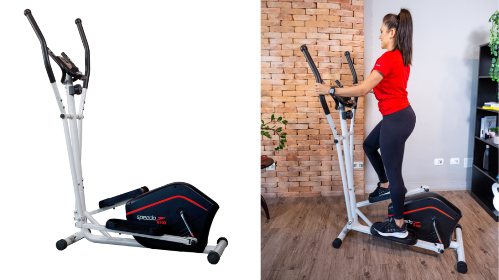 Mulher treinando em casa com elíptico (treino de baixo impacto).