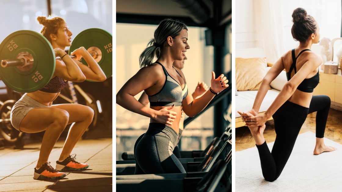 Imagens de 3 tipos de treino: força, cardio e flexibilidade (treino híbrido)